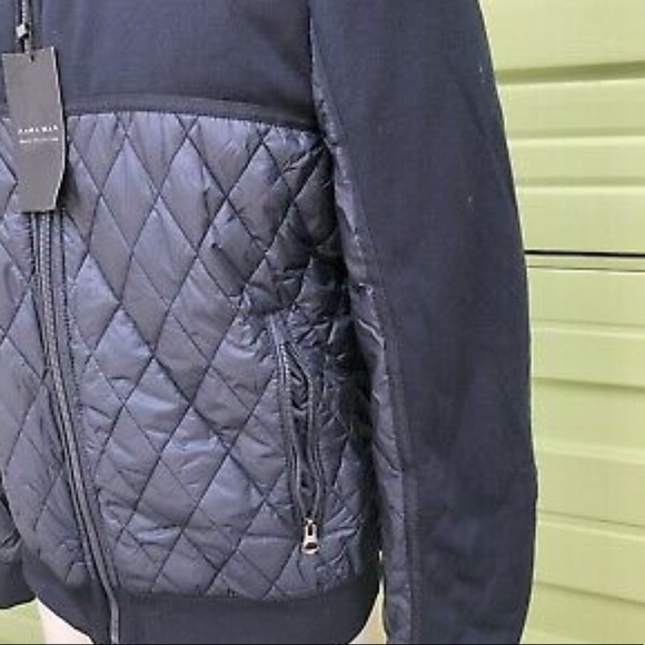 NEW ZARA Navy Blue quilted lightweight jacket contrast zip up large - Picture 4 of 9